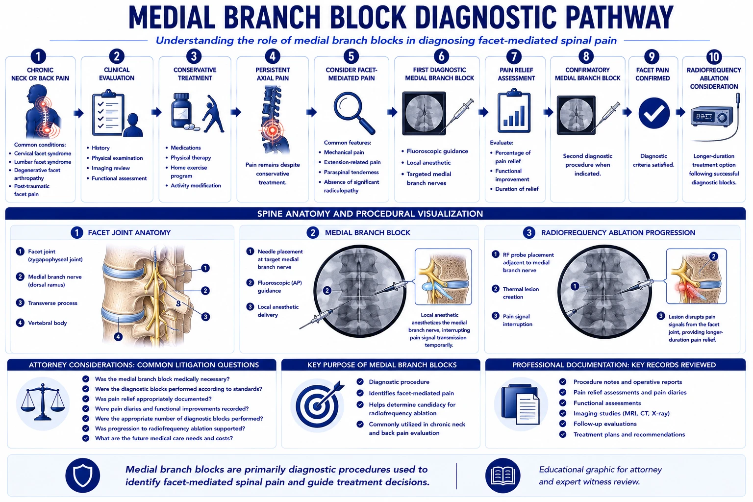 Medial Branch Block Diagnostic Pathway to RFA — clinical protocol for confirmatory blocks, documentation requirements, and radiofrequency ablation candidacy in litigation