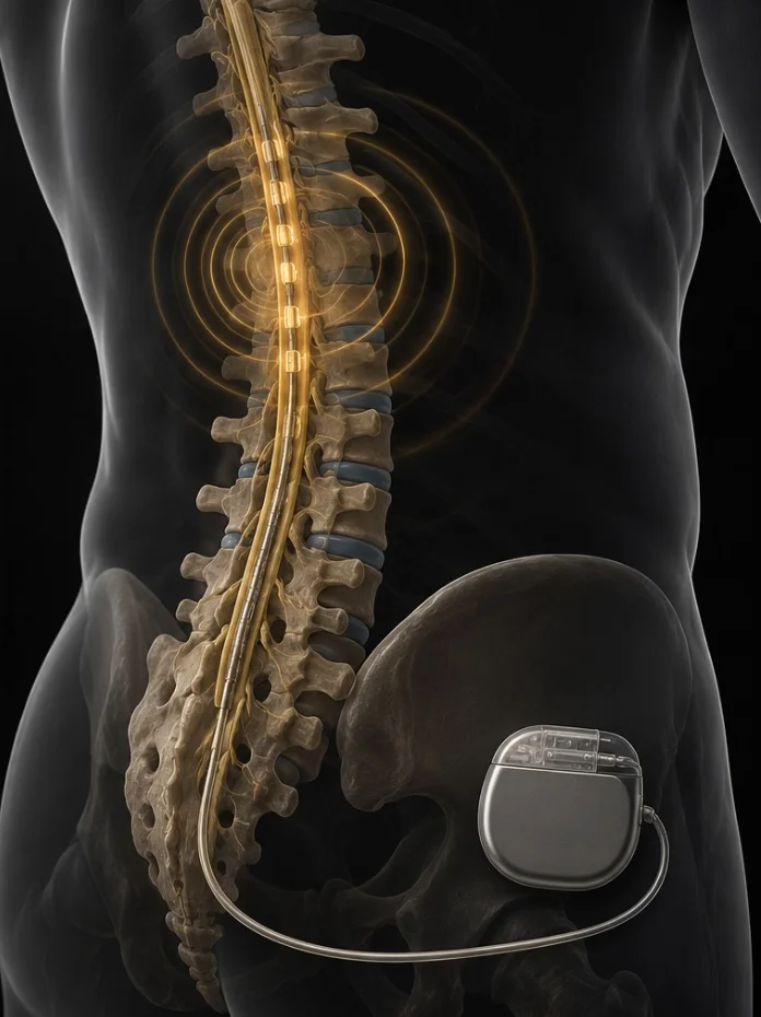 Anatomical illustration of an implanted spinal cord stimulator showing epidural leads along the spine and the implantable pulse generator